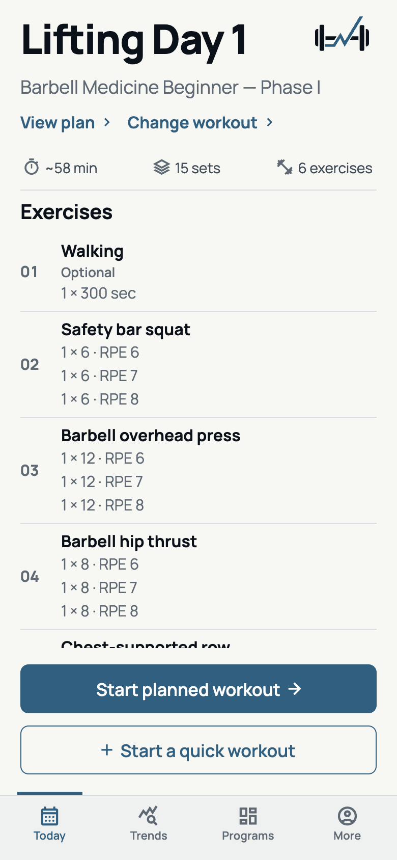 LiftMod Today screen showing a planned lifting session, exercise prescriptions, and options to start a planned or quick workout.